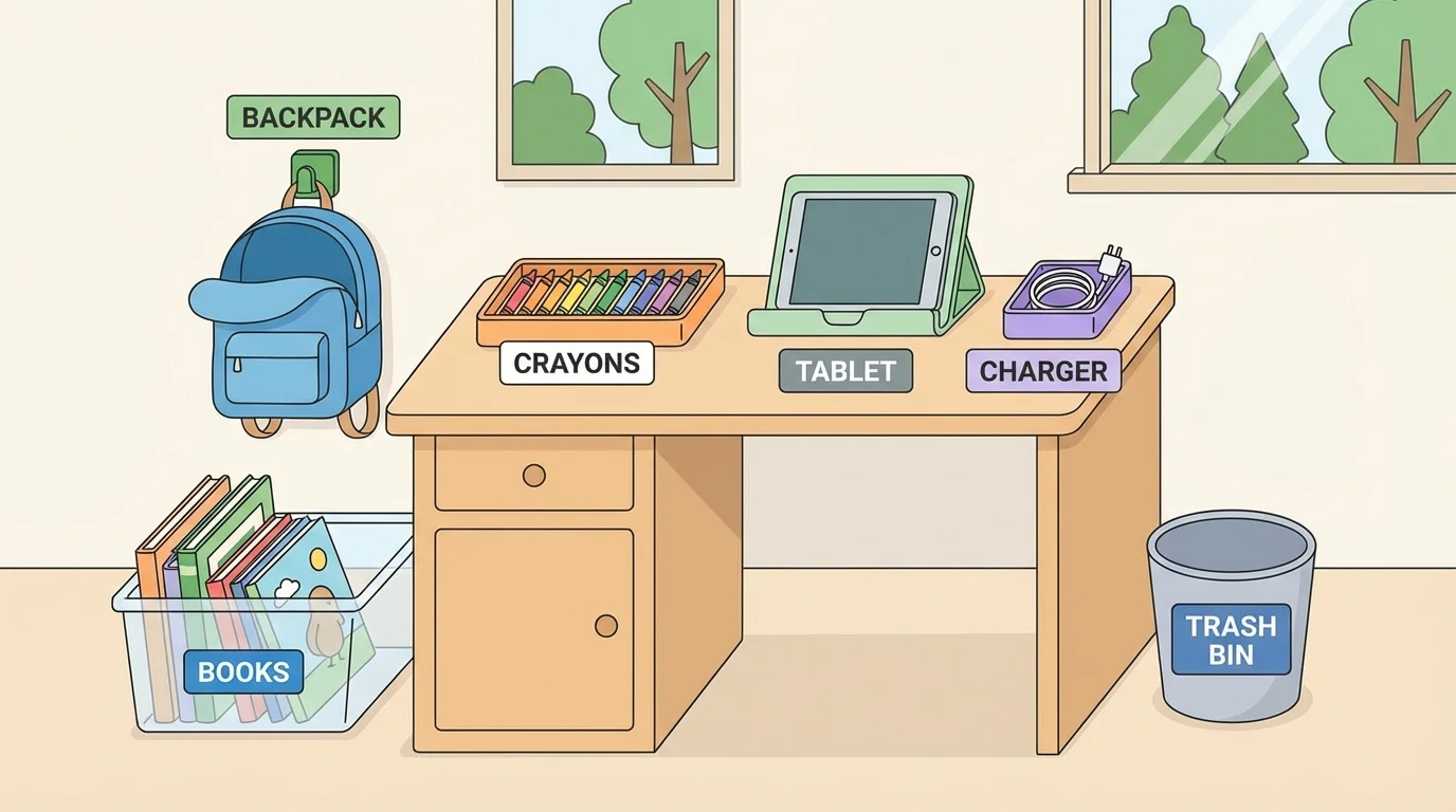child-friendly home study space with labeled storage spots for backpack, books, crayons, tablet, charger, and trash bin