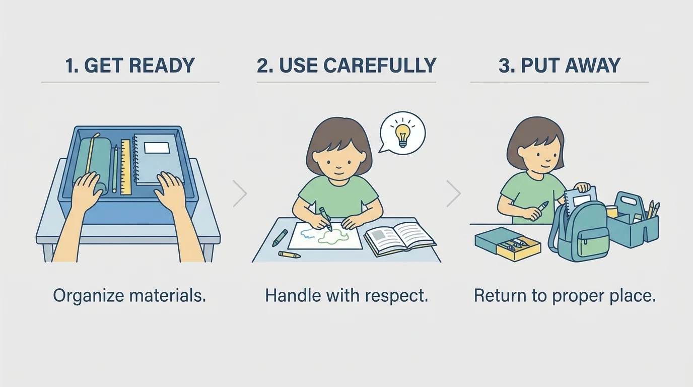 three-step routine chart showing get ready, use carefully, and put away with simple child actions at each step