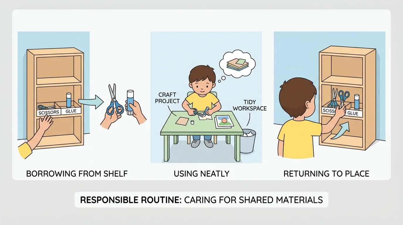 child borrowing scissors and glue from a family supply shelf, using them neatly, and returning them to the same place