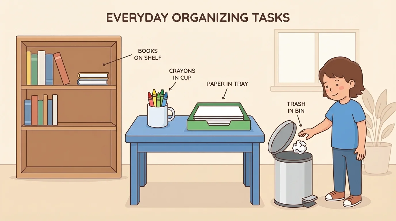 child putting crayons in a cup, books on a shelf, paper in a tray, and trash in a bin in a tidy study corner
