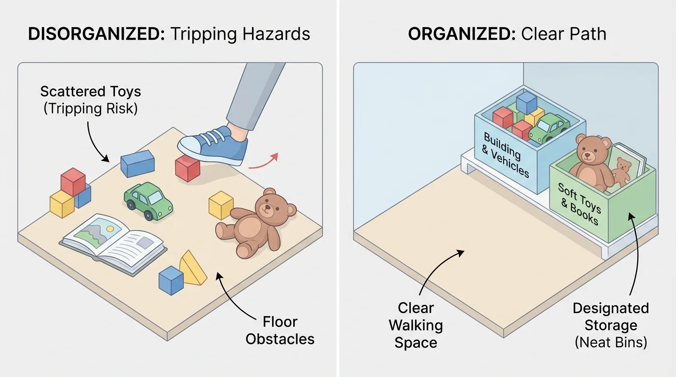 side-by-side room comparison with toys on the floor causing tripping risk versus neat bins and clear walking space