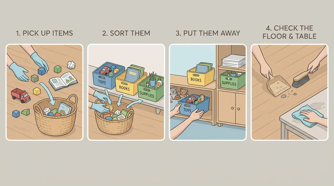 four-step cleanup routine showing pick up items, sort them, put them away, and check the floor and table