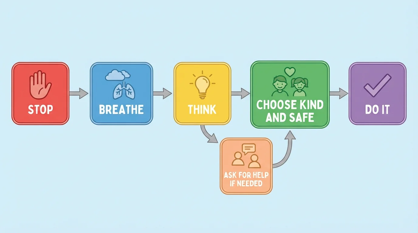 child-friendly decision flow with boxes labeled stop, breathe, think, choose kind and safe, do it, ask for help if needed