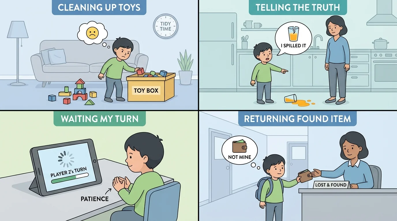 split everyday scenes showing a child putting toys away, telling truth about spilled juice, waiting turn in an online game, and returning a found item to an adult
