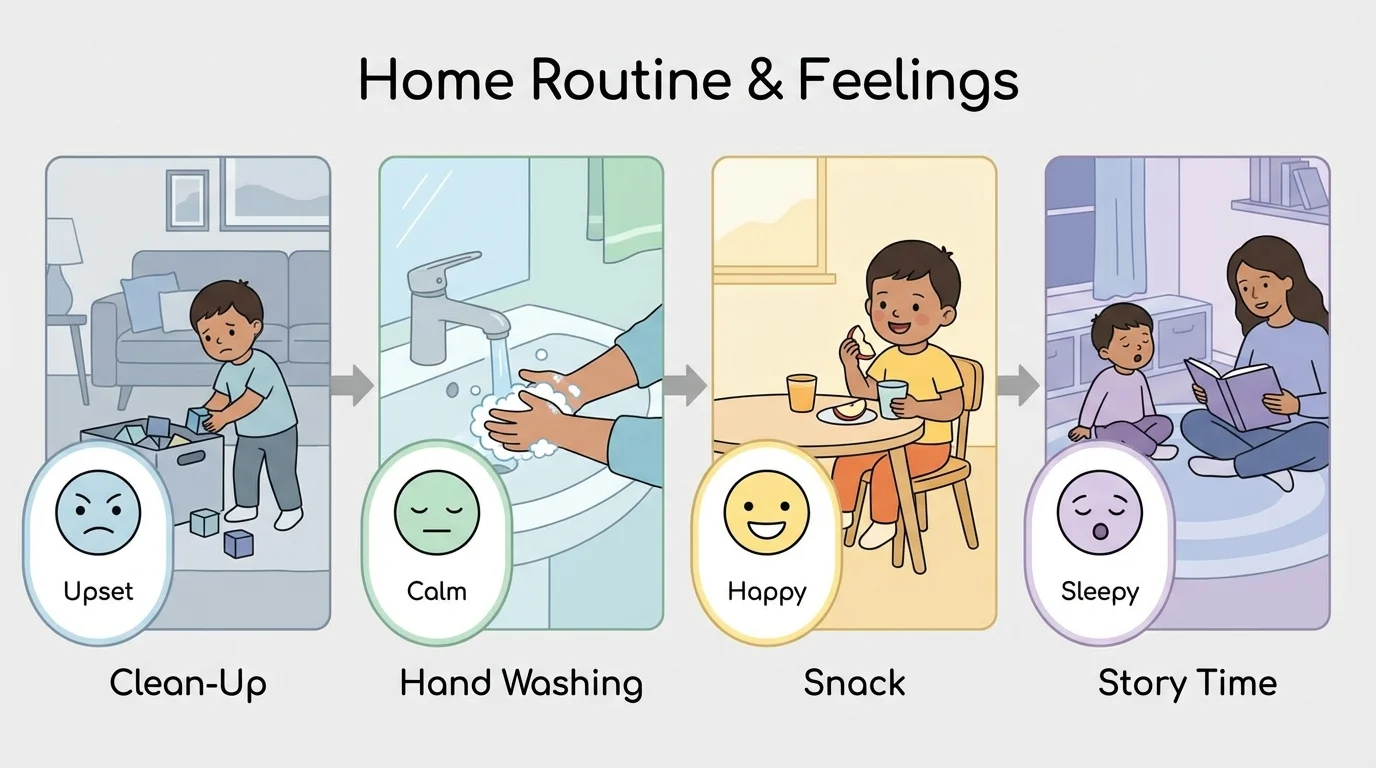 Home routine strip showing clean-up, hand washing, snack, and sitting for story, each step paired with a simple feeling face such as upset, calm, happy, and sleepy