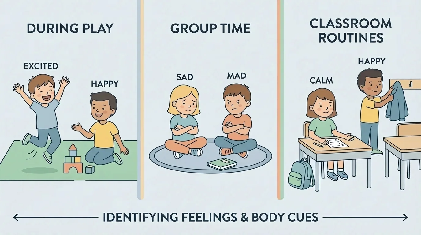 Child faces showing happy, sad, mad, excited, and calm with simple body cues such as smiling, frowning, crossed arms, jumping, and relaxed shoulders