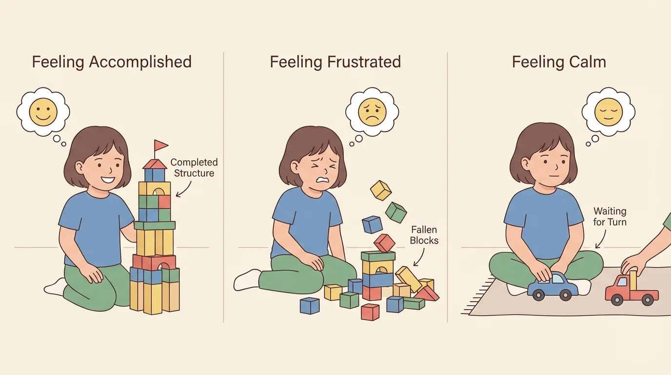 Child in three play moments—smiling with a finished block tower, upset after the tower falls, and waiting for a turn with a toy while looking calm