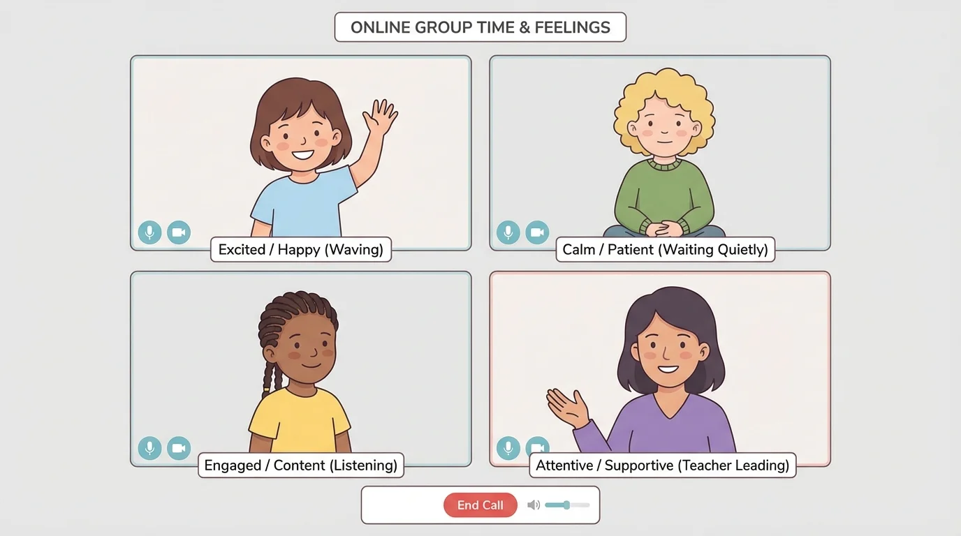 Small online group call with one child waving, one waiting quietly with hands in lap, one smiling while listening, and a teacher on screen leading the group