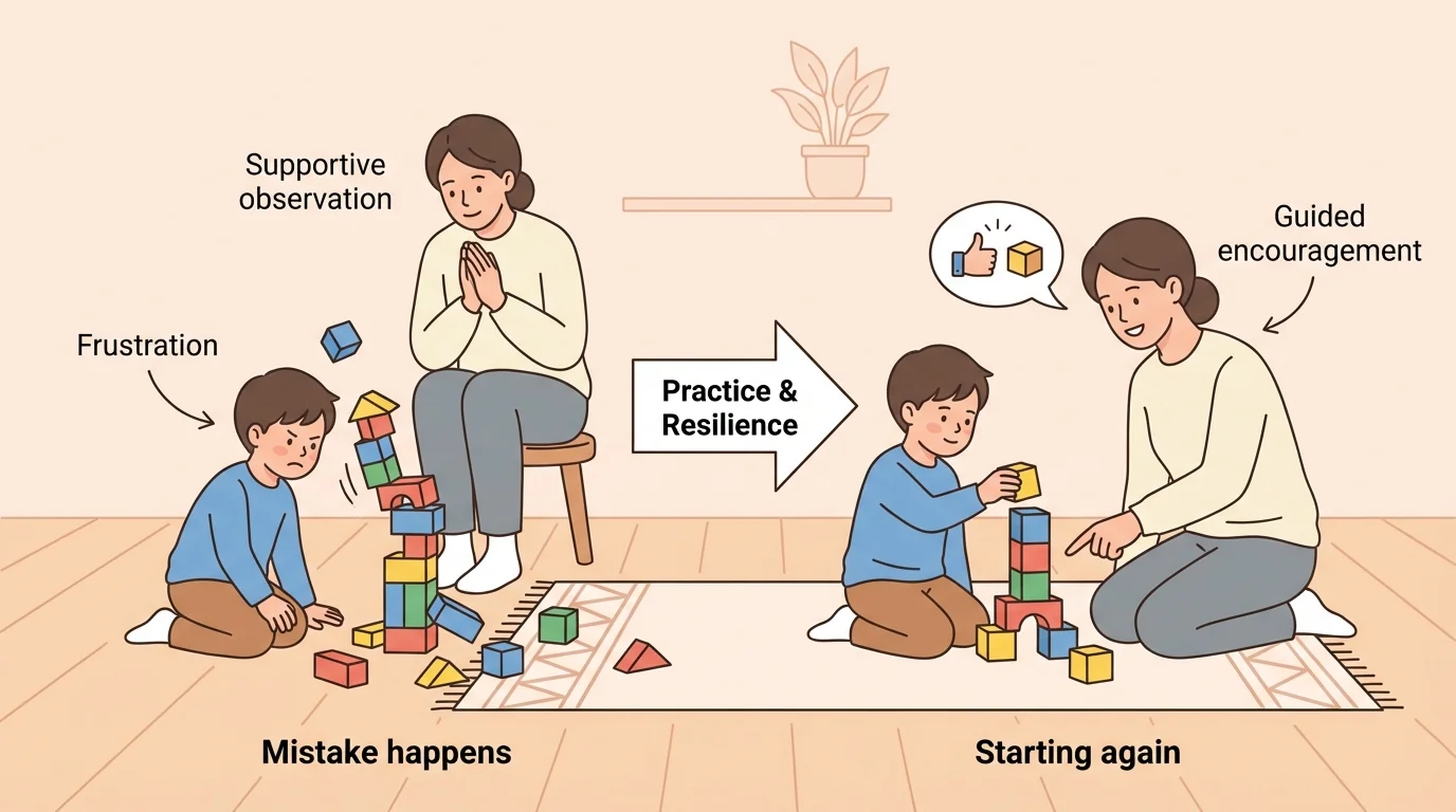 child at home with blocks, tower tipping over, then rebuilding it while a caregiver watches supportively