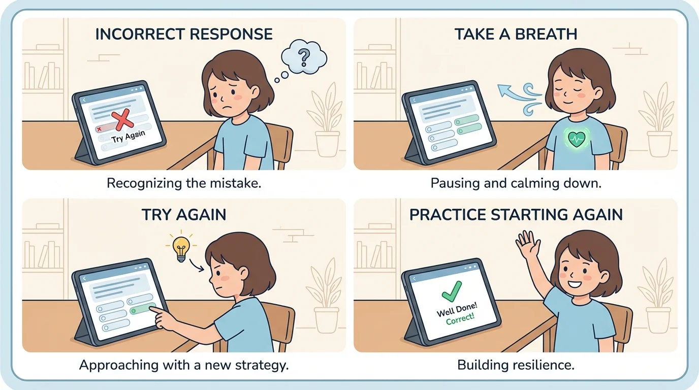 child at home on a tablet during online learning, making an incorrect response, taking a breath, then trying again with hand raised