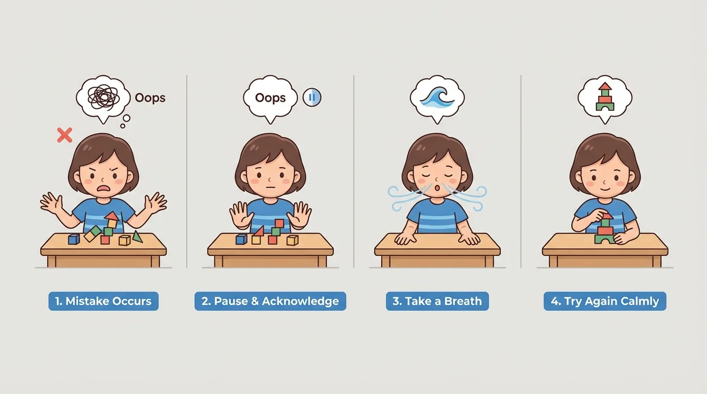 child making a mistake, stopping hands, taking a deep breath, saying oops, and trying again with a calm face