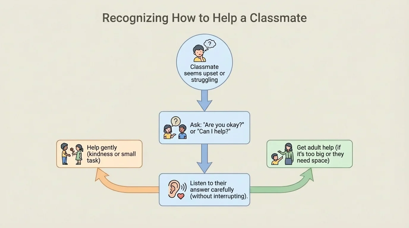 child-friendly decision flowchart with ask, listen, help gently, or get adult help