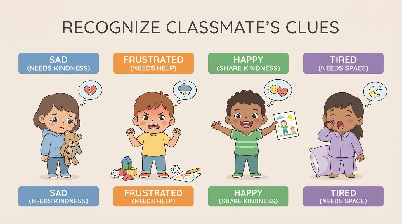 preschool child faces showing sad, frustrated, happy, and tired clues with simple body language