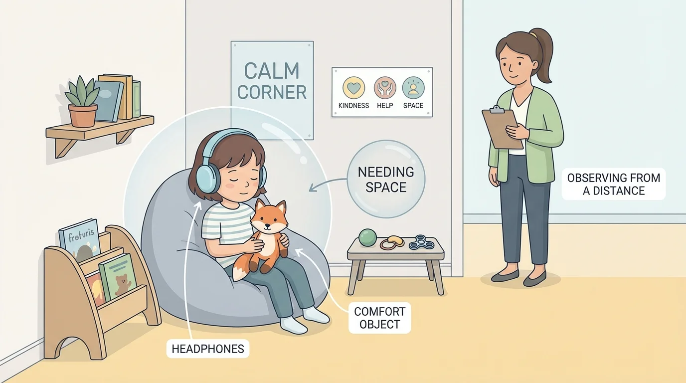 calm corner scene with child needing space, headphones, stuffed animal, and adult nearby