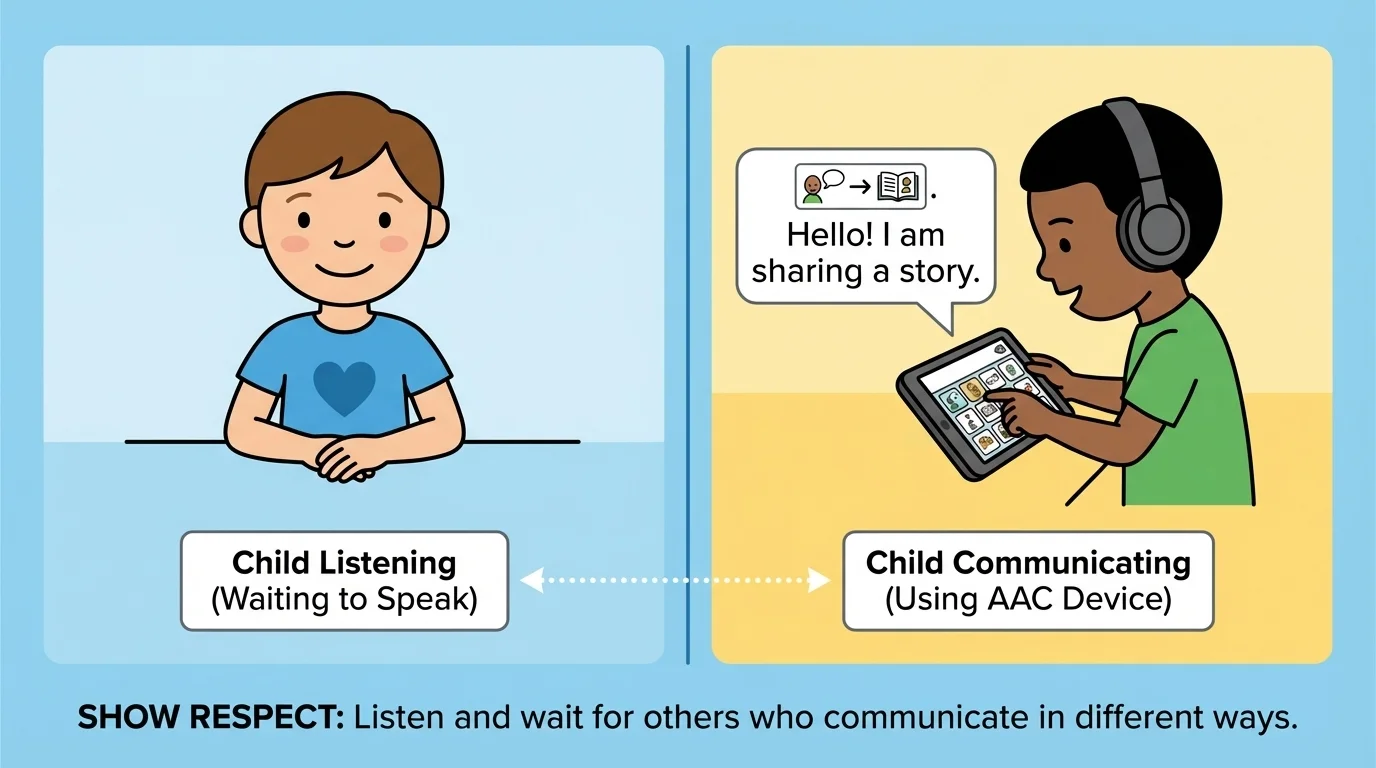 Child on a video call smiling, waiting to speak, listening to another child who communicates differently