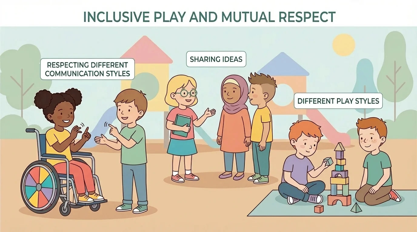 Children with different appearances and play styles, one child using a wheelchair, one child speaking, one child playing quietly with blocks, all together happily
