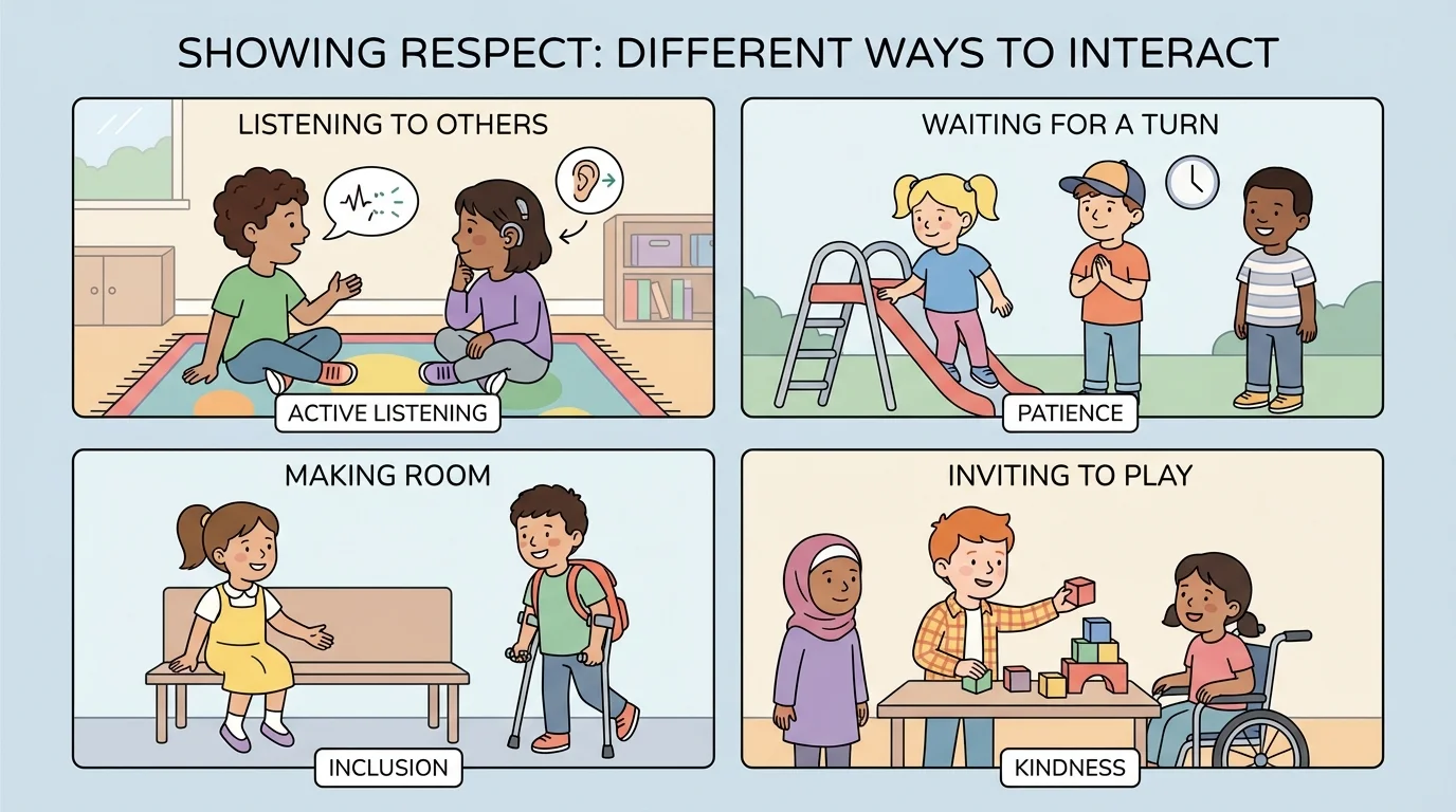 Four-panel scene showing a child listening, waiting for a turn, making room for another child, and inviting a child to play