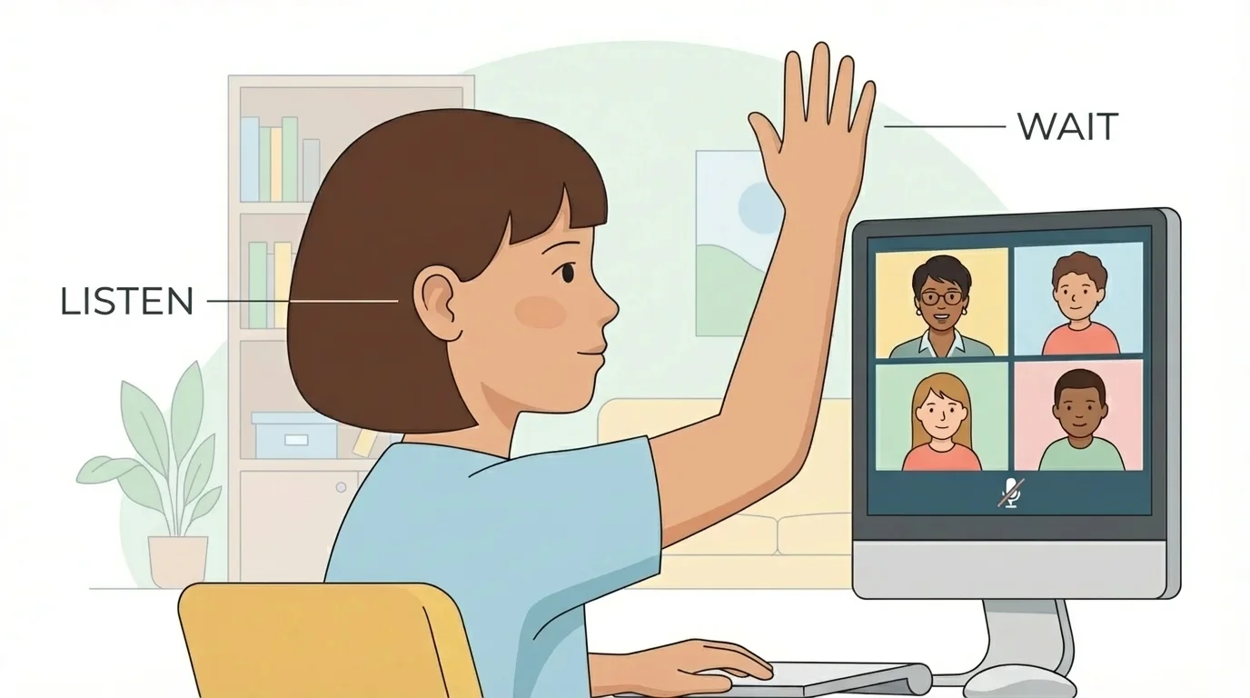 child at home computer screen on a video class, eyes looking at screen, mouth quiet, hand raised, simple labels for listen and wait