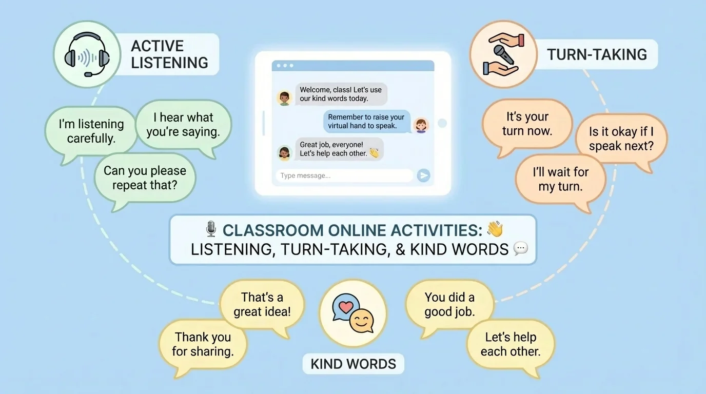 child-friendly speech bubbles showing kind classroom phrases during online activities