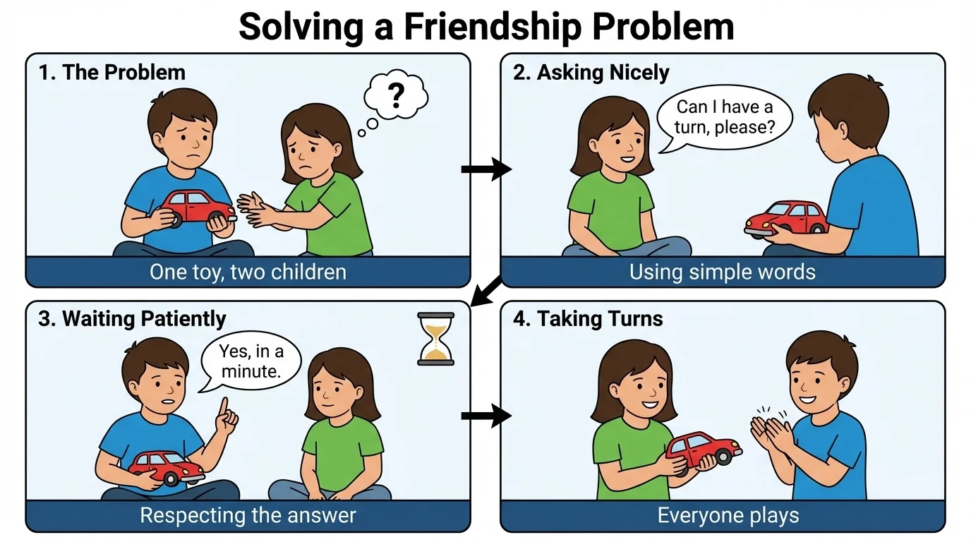 two young children with one toy taking turns, one child asking politely for a turn and later receiving the toy