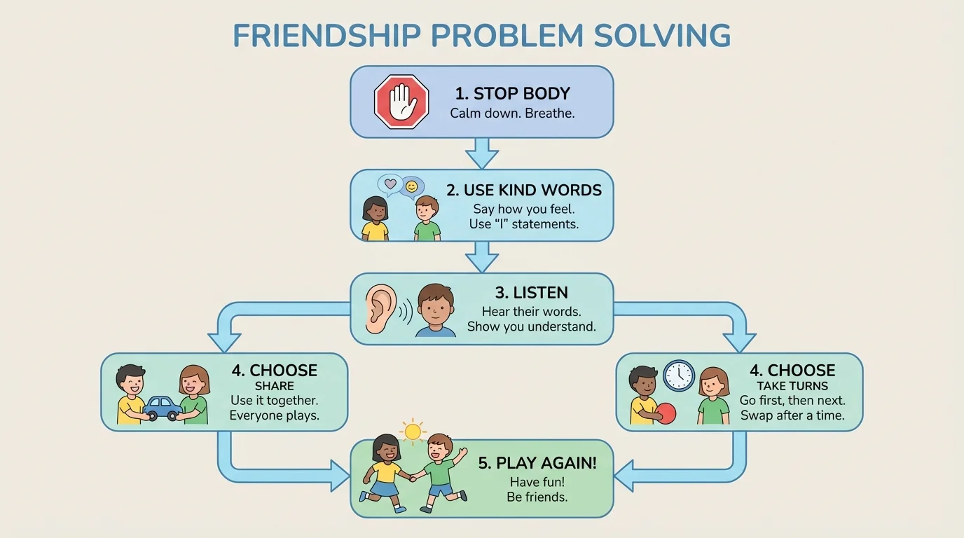 simple child-friendly problem-solving flowchart with steps stop body, use kind words, listen, choose share or turns, and play again