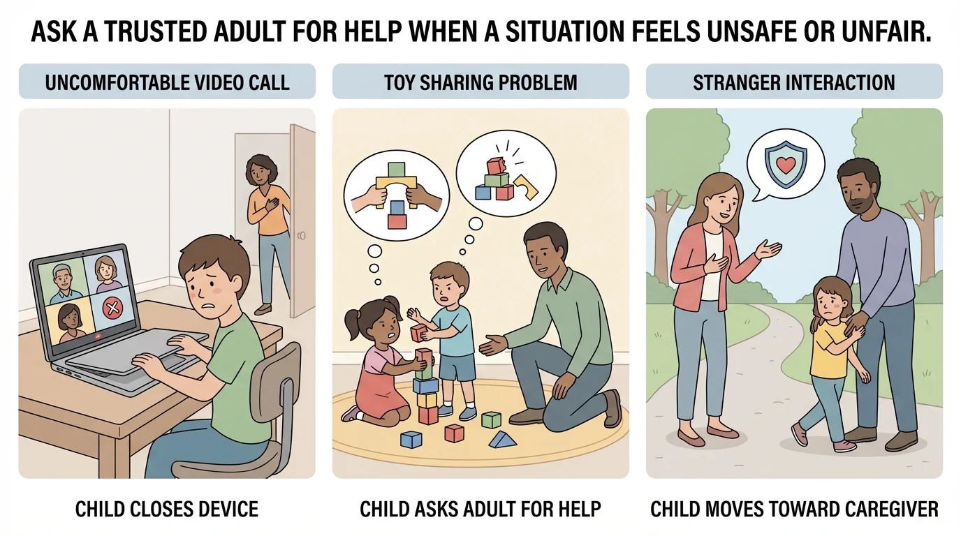 three scenes showing a child leaving an uncomfortable video call, asking an adult for help with toy sharing, and moving toward a caregiver when a stranger talks to them