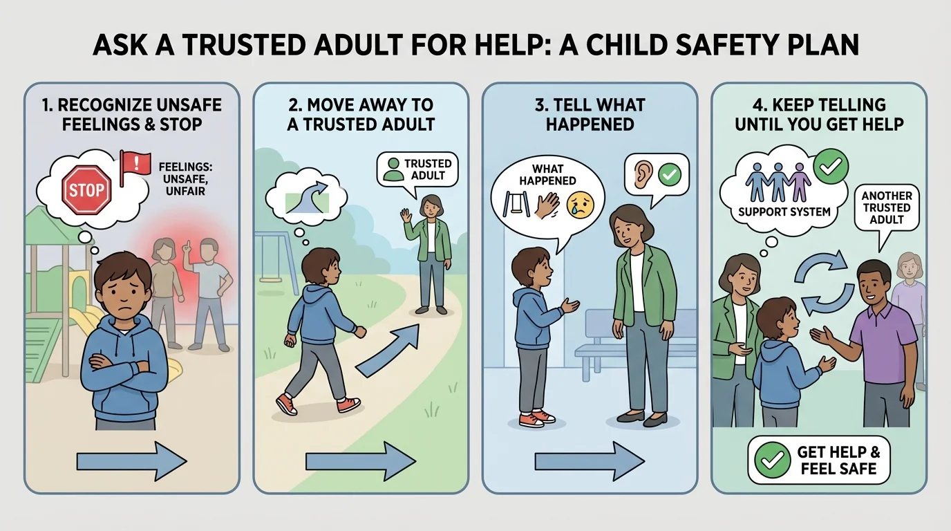 four-panel child safety plan showing stop, move away to adult, tell what happened, and keep telling another adult if needed