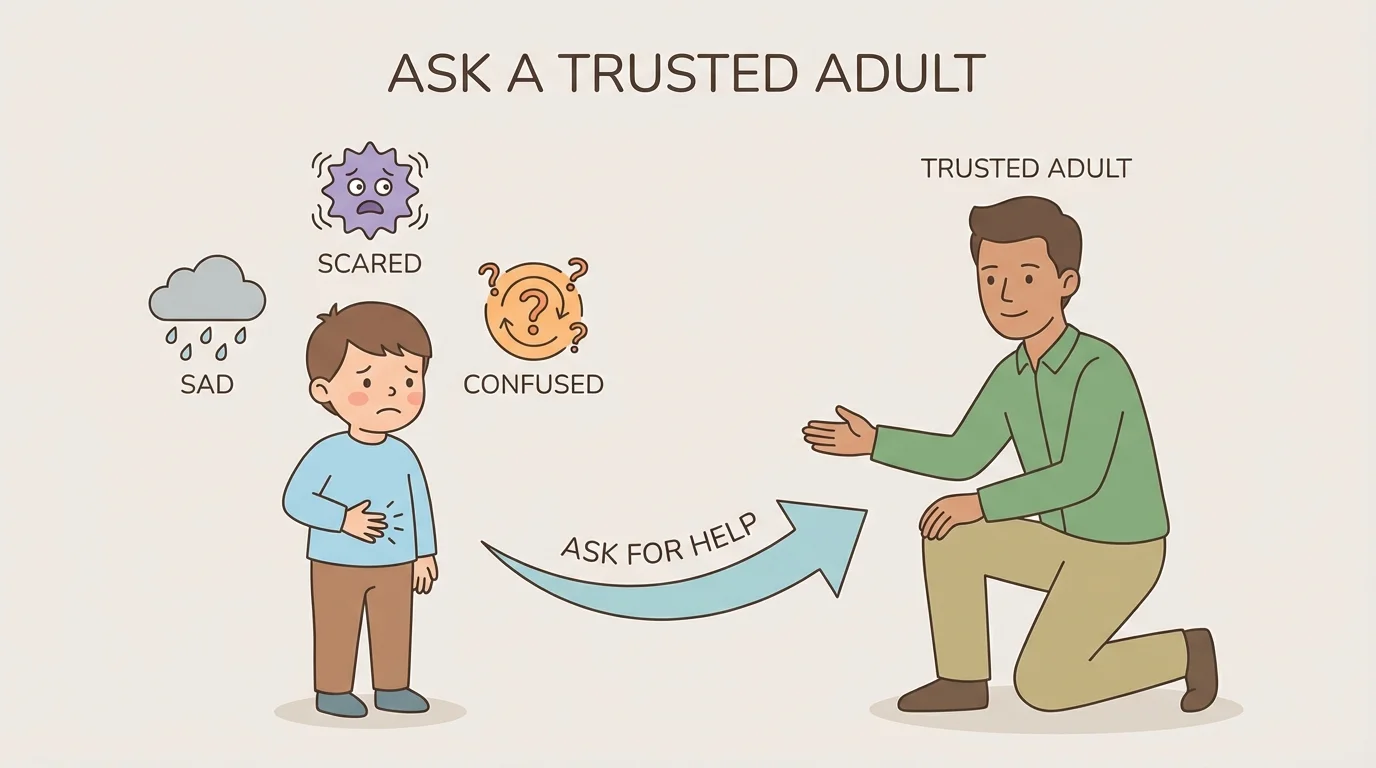 preschool child with worried face and hand on tummy, with simple icons for sad scared confused feelings and a calm trusted adult nearby