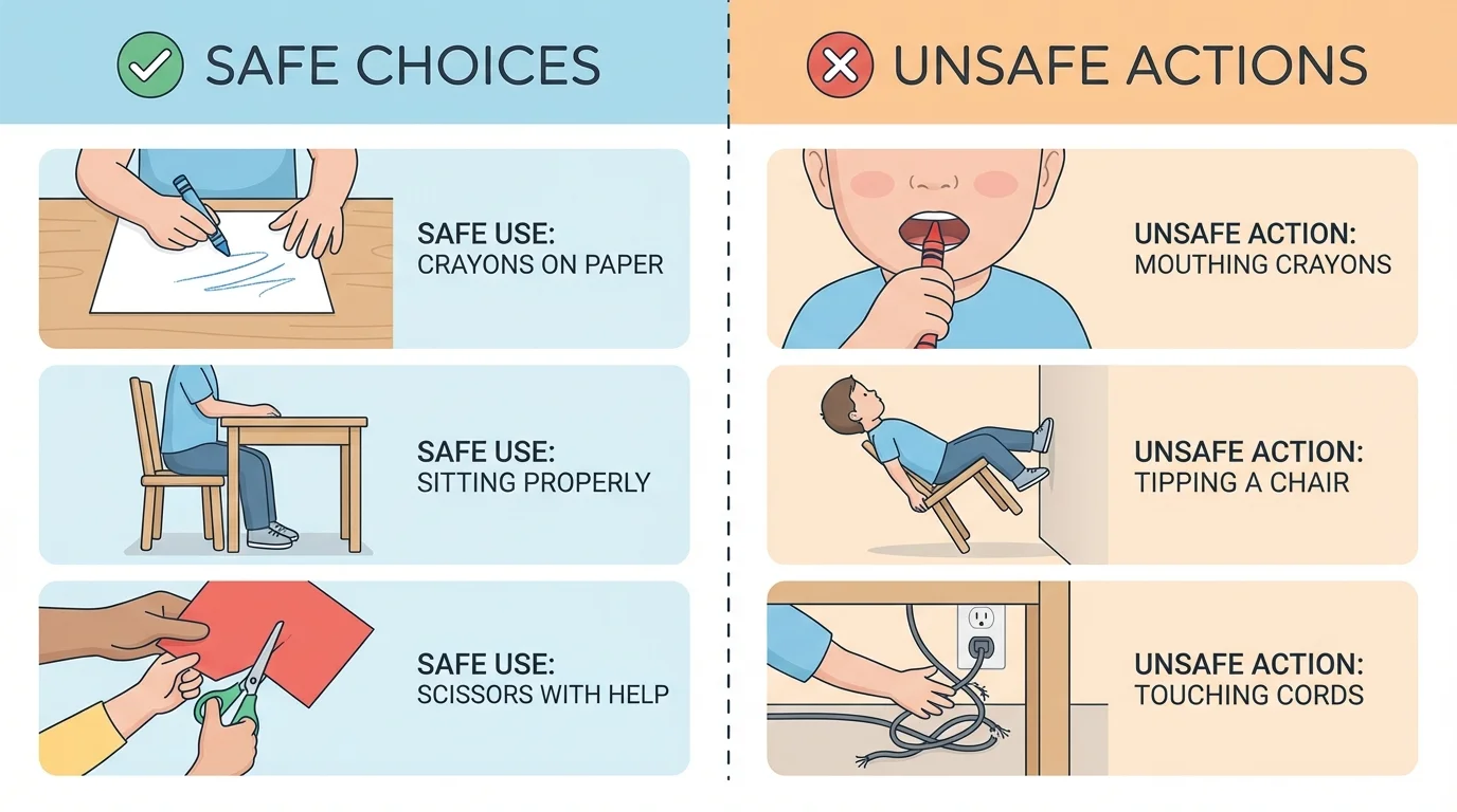 split scene showing safe use of crayons on paper, sitting properly on a chair, careful scissors use with help, and unsafe actions like mouthing crayons, tipping a chair, touching cords