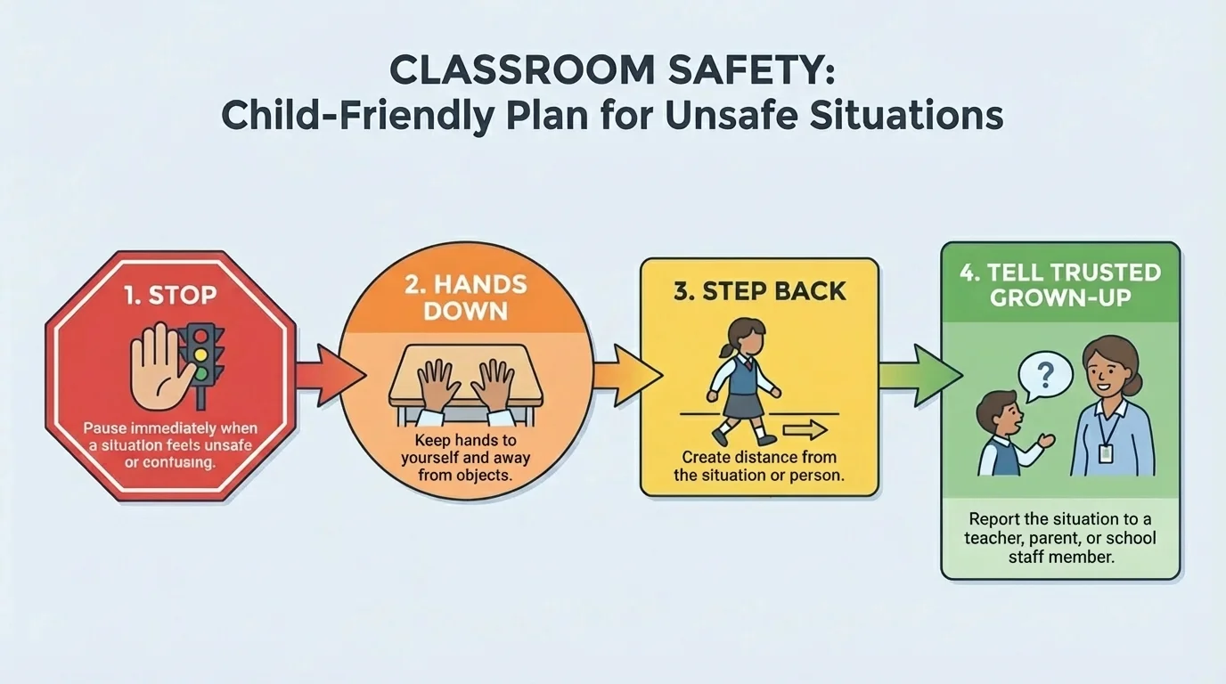 child-friendly safety plan flowchart showing stop, hands down, step back, tell trusted grown-up