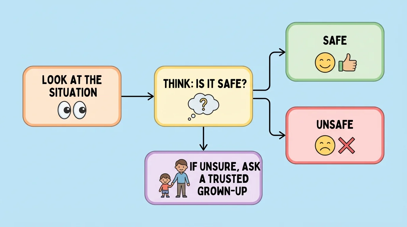 simple child-friendly flowchart showing look at the situation, think is it safe, ask a trusted grown-up if unsure