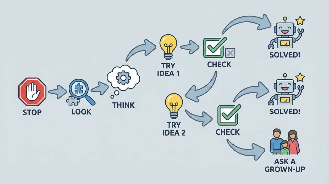 child-friendly problem-solving path with simple pictures for stop, look, think, try idea 1, check, try idea 2, ask a grown-up