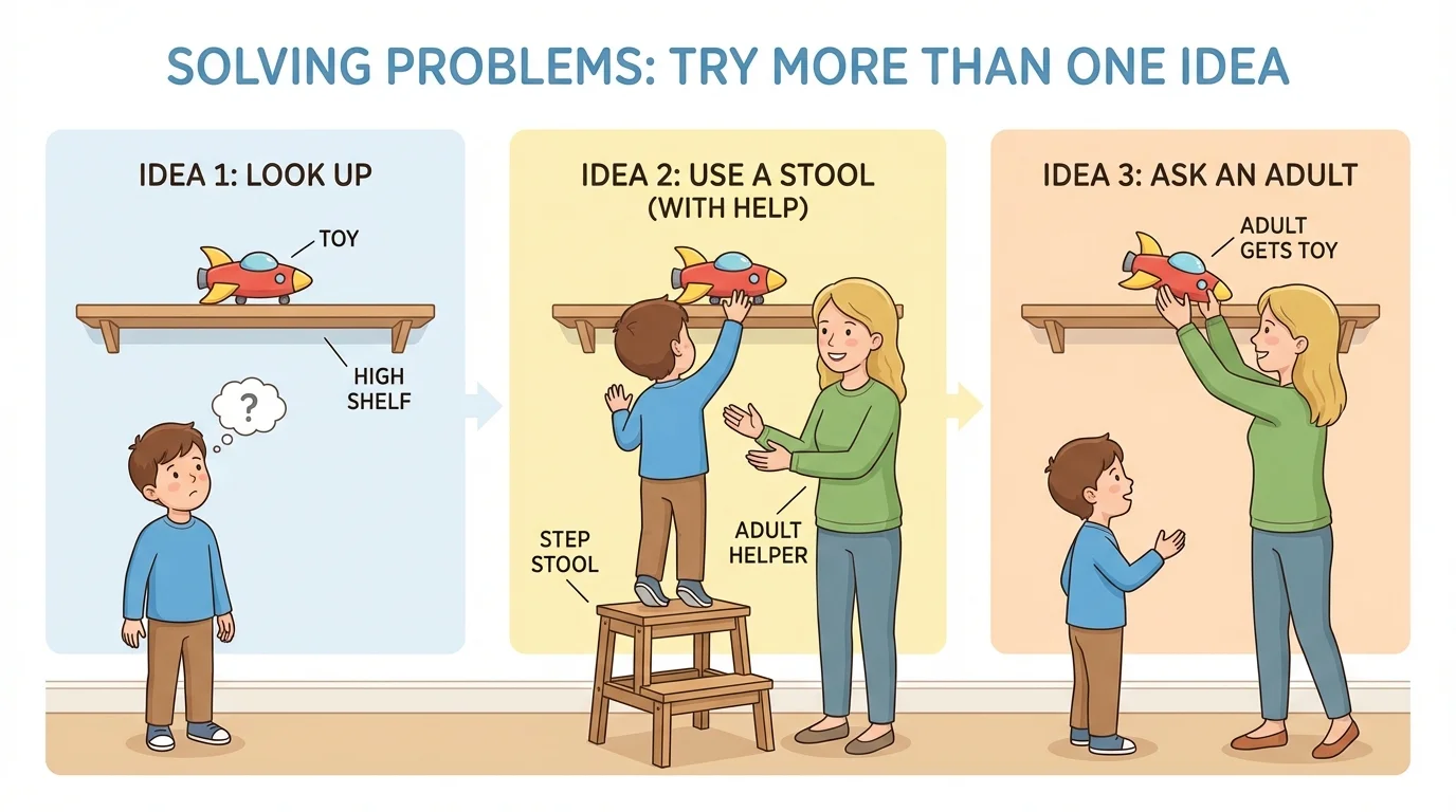 child trying different safe ways to get a toy from a shelf—looking up, standing on a step stool with adult nearby, then asking a grown-up for help
