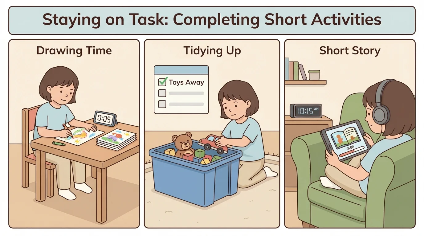 three home scenes showing a child finishing a drawing, putting toys in a bin, and listening to a short online story before getting up
