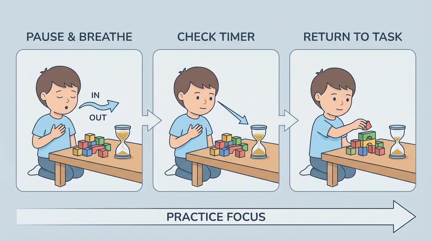 child pausing with hand on chest, taking a breath, looking at a small sand timer, then returning to blocks