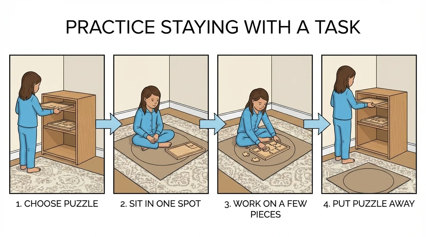 preschool child at home doing a 4-step routine: choose puzzle, sit in one spot, work on a few pieces, put puzzle away