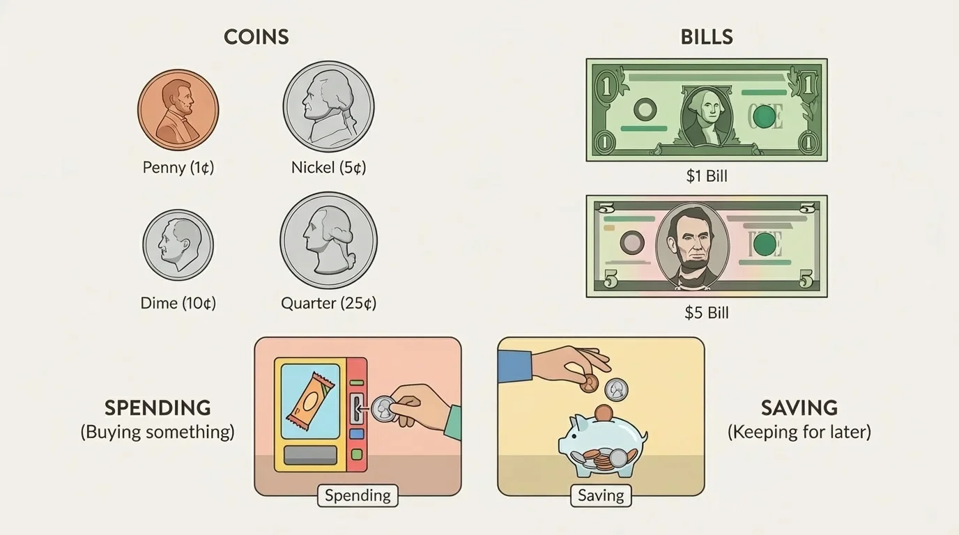 child-friendly illustration of penny, nickel, dime, quarter, and $1, $5 bills with simple labels
