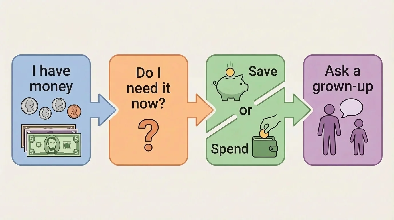 flowchart with boxes reading I have money, Do I need it now, Save or Spend, and Ask a grown-up