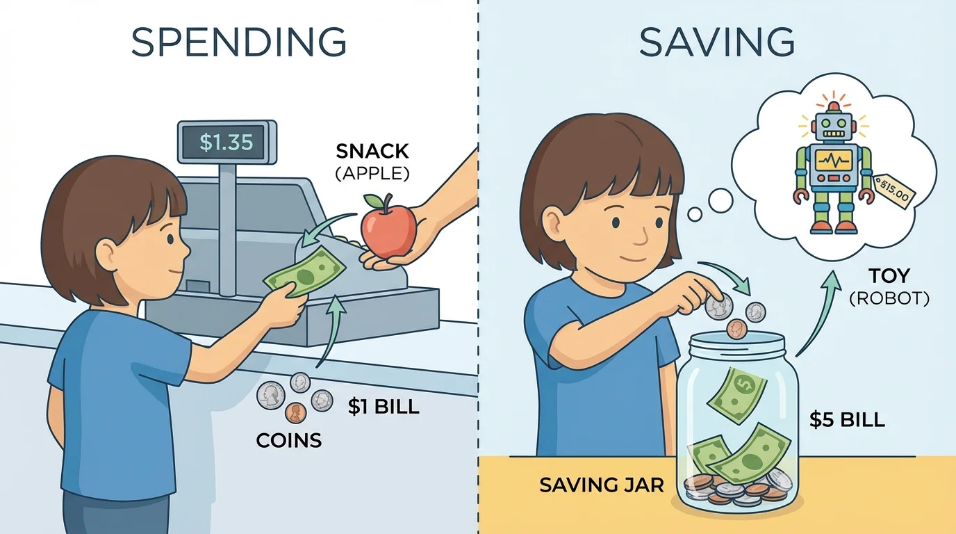 split illustration showing a child buying a small snack on one side and putting money into a clear jar for a toy on the other