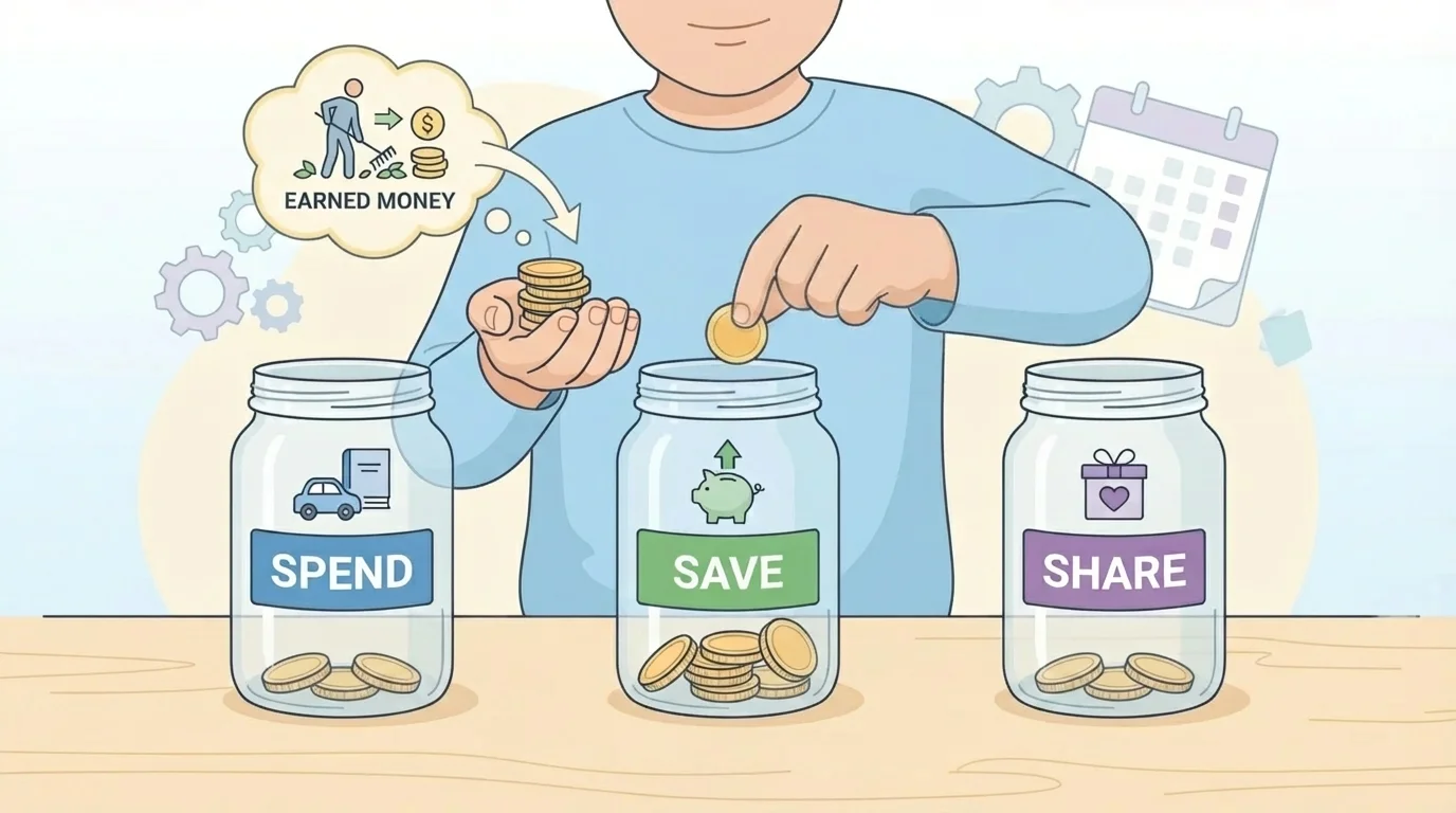 child with three jars labeled spend, save, share, placing coins into each
