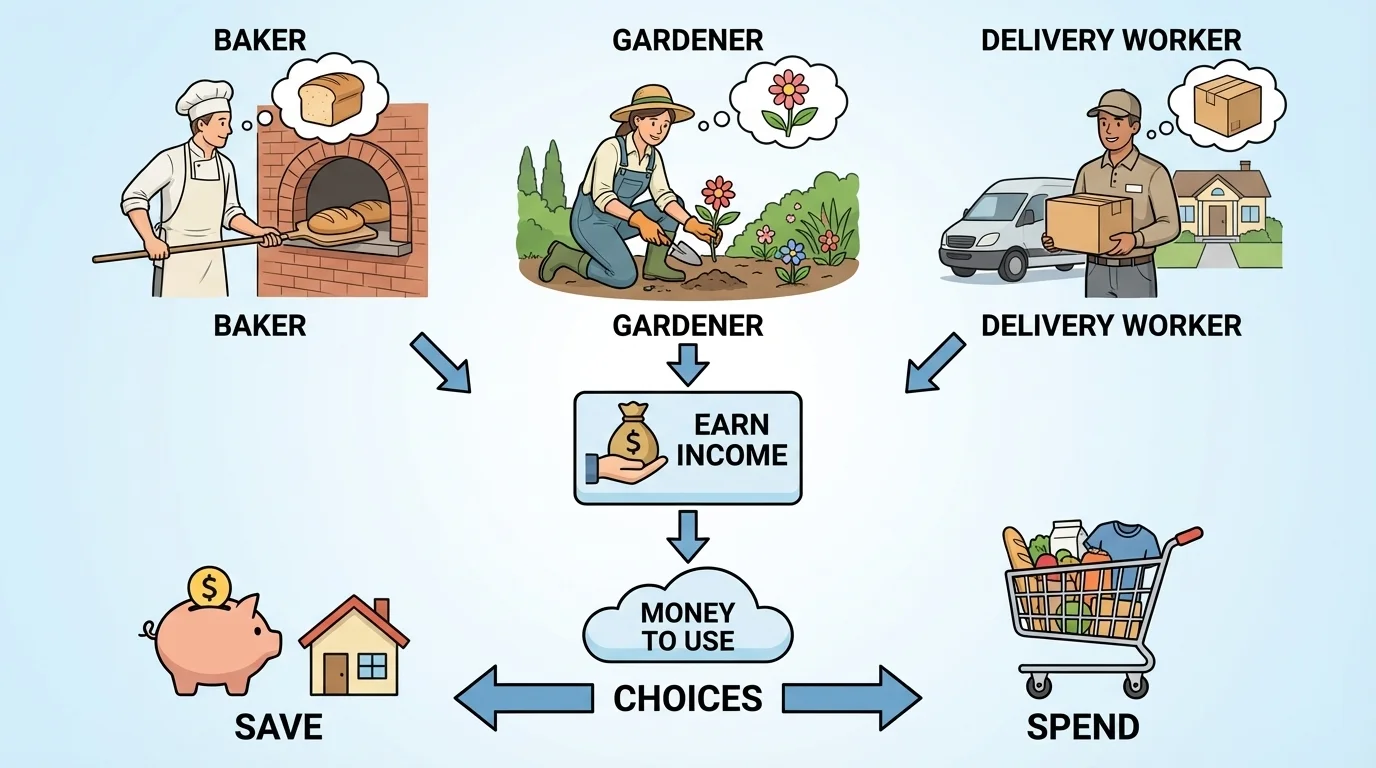 adult baker, gardener, and delivery worker each doing a job and receiving pay