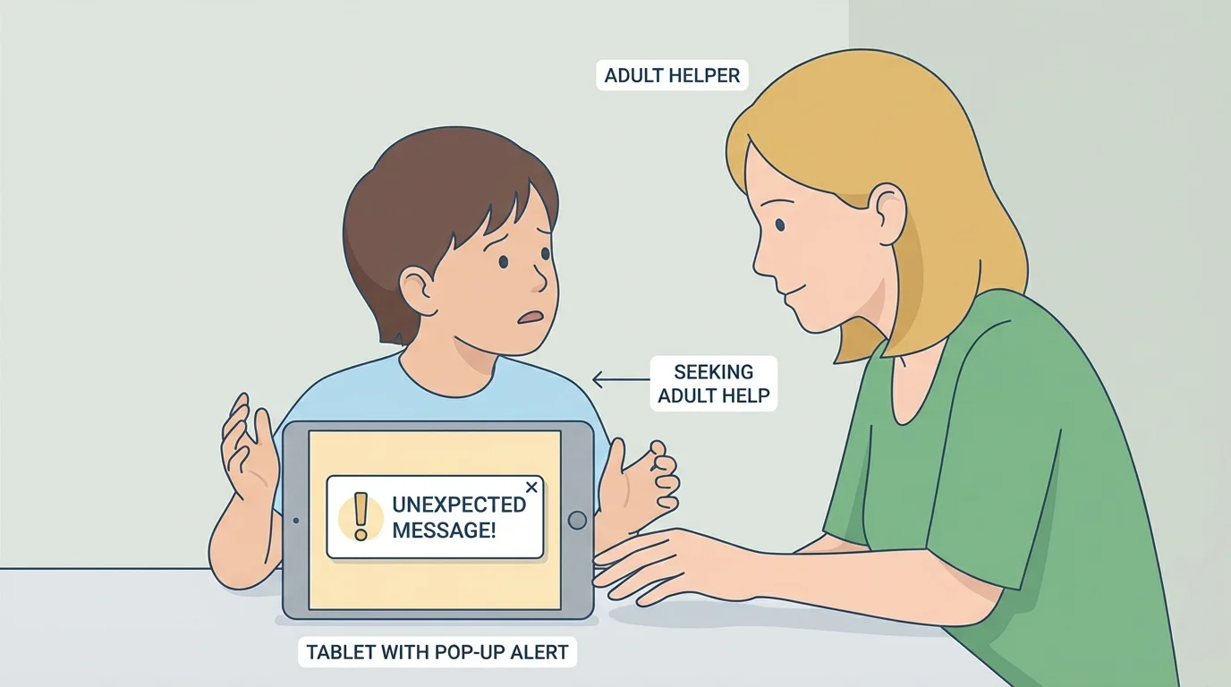 child looking at tablet with surprising pop-up on screen, hands stopped, turning to tell an adult beside them