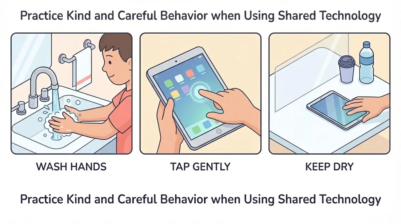 Child washing hands, tapping tablet gently with one finger, and setting tablet on a table away from drinks