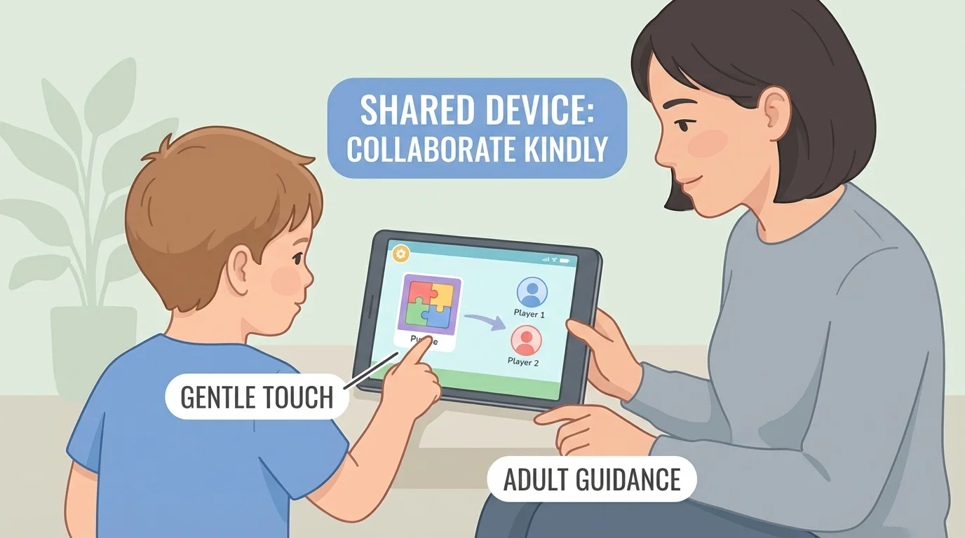 Young child pointing to a tablet screen with a trusted adult nearby helping calmly