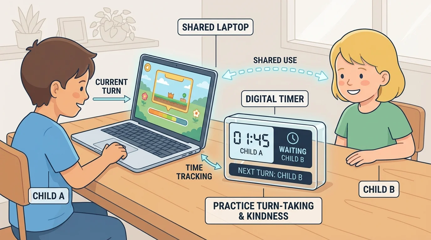 Two young children at home taking turns with one laptop while a small timer shows whose turn is next