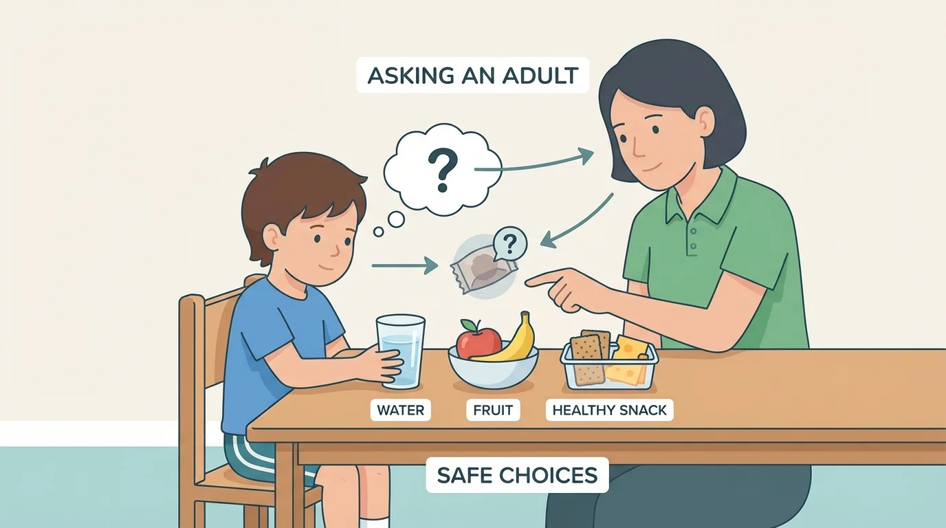 child choosing water, fruit, and a simple healthy snack while asking an adult before eating an unknown item
