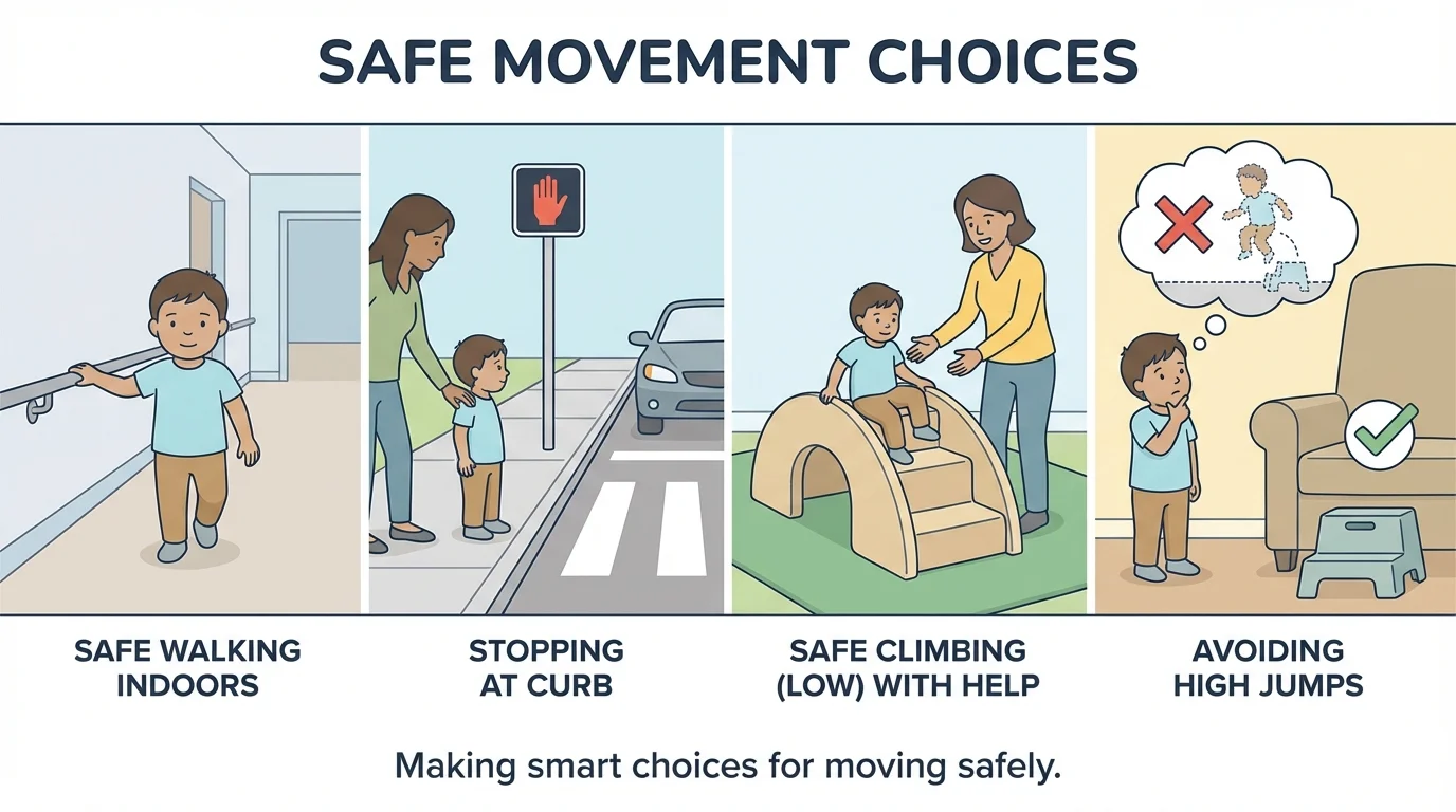 young child making safe movement choices by walking indoors, stopping at a curb, climbing low play equipment with an adult nearby, and avoiding jumping from high furniture