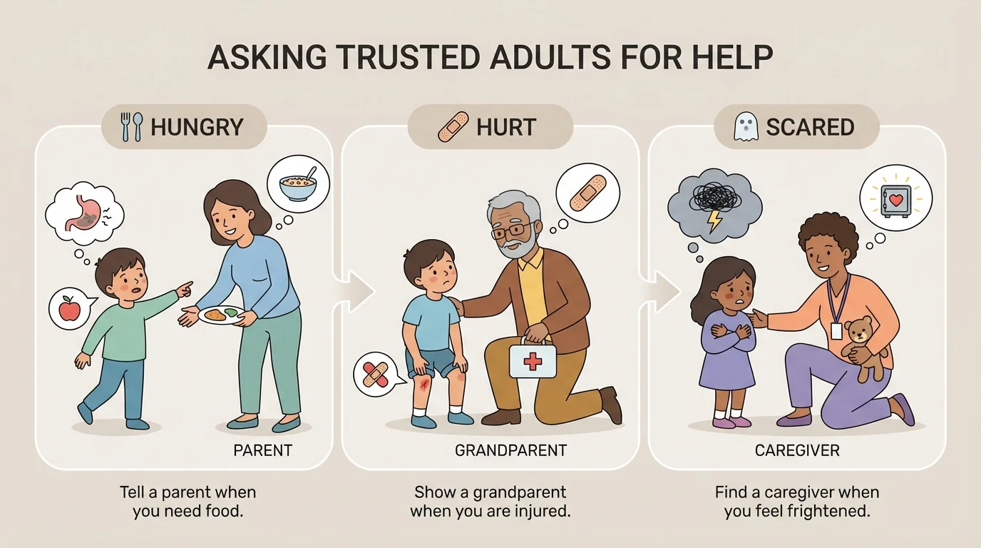 child asking trusted adults for help, including parent, grandparent, and caregiver, with simple cues for hungry, hurt, and scared