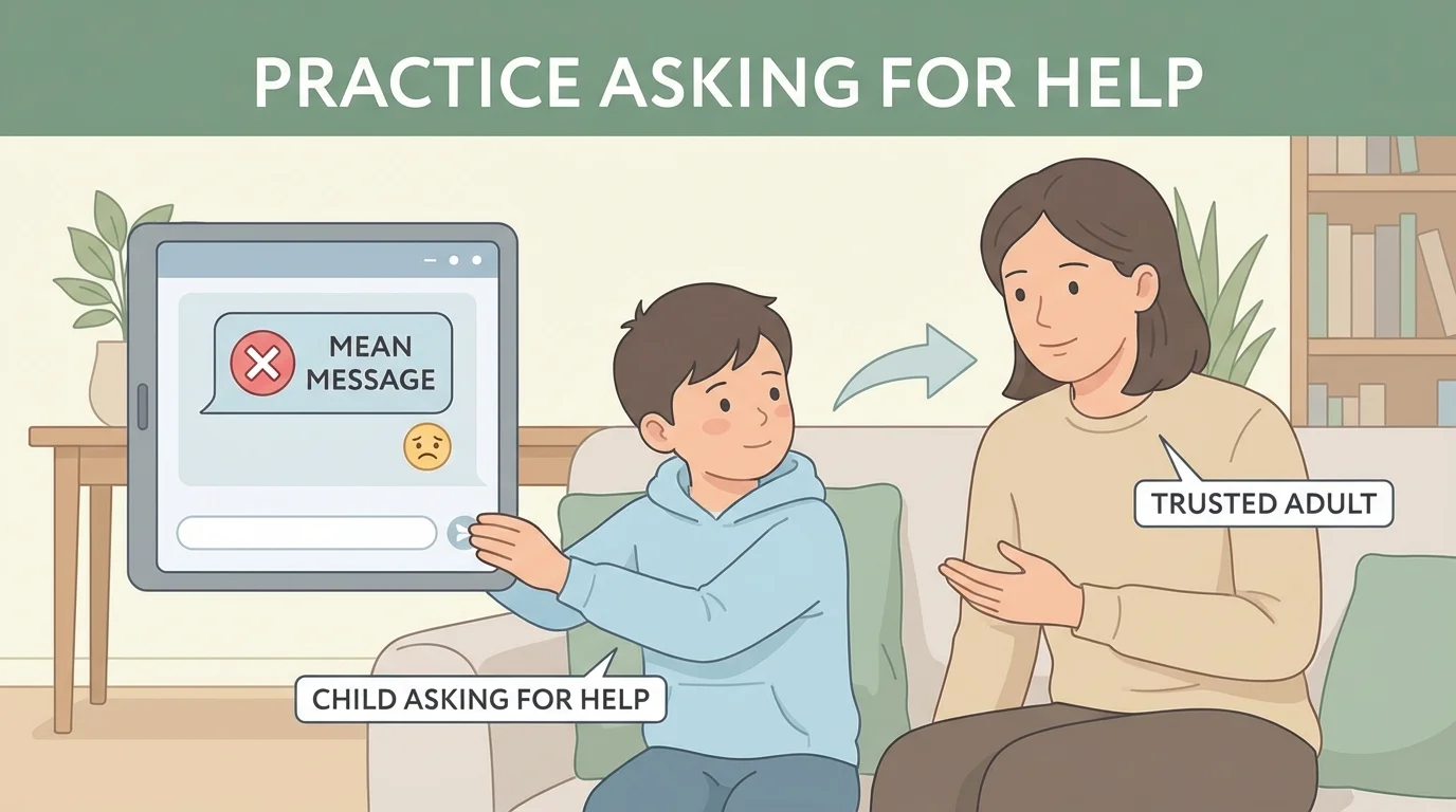 Child turning a tablet toward a trusted adult after seeing a mean or confusing message during app or video call use, with the adult helping calmly