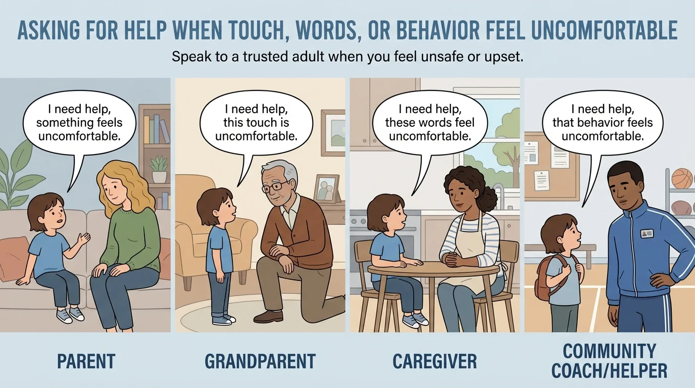 Child talking in separate small panels with a parent, grandparent, caregiver, and community coach/helper, each listening calmly